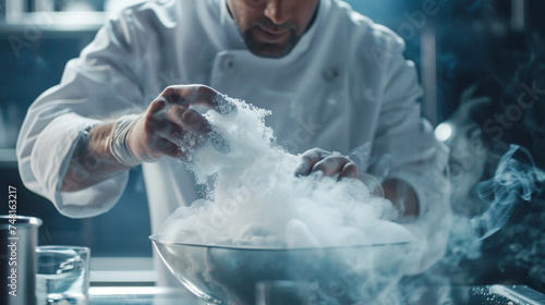 A close-up of a skilled chef using molecular gastronomy techniques to create innovative dishes realistic stock photography