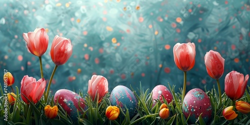 Easter-themed banner featuring vibrant tulips and painted eggs nestled in grass #748163287