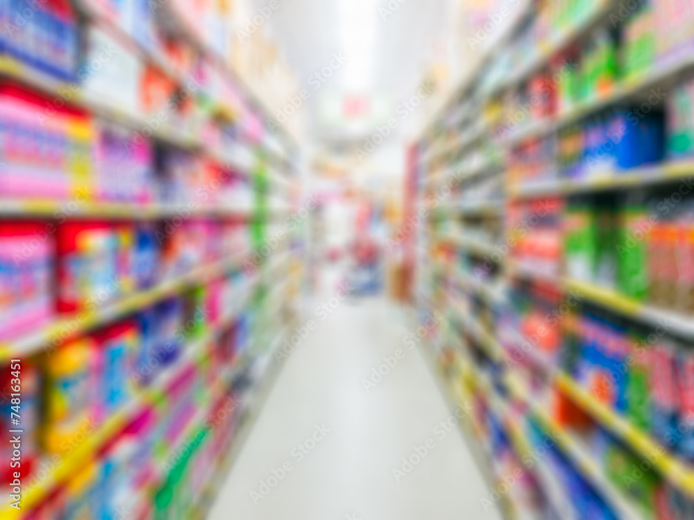 Blurred scene of aisle shelf colorful retail supermarket