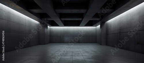 The dark tunnel leads forward, with only a single light shining at the distant end. The concrete walls create an abstract and empty atmosphere in this architectural space,