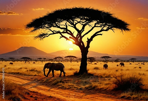 Africa  elephants at sunset in continent