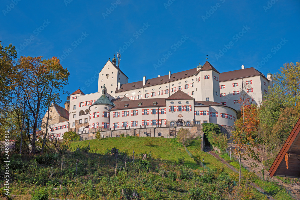 Hohenaschau castle on the hilltop. blue sky. historic building bavaria