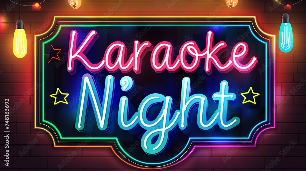 Fototapeta premium Funky neon Sign saying 'Karaoke Night' on a rustic background, Graphic illustration