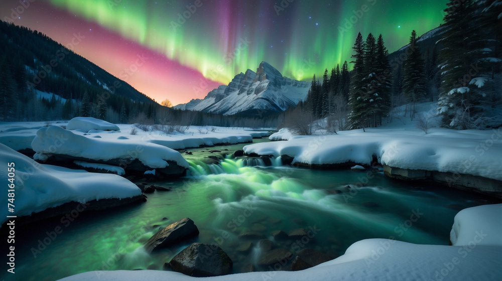 Fototapeta premium Winter nature scene at the waterfall with snow mountain and aurora light in the style of cinematography, beautiful composition, dynamic movement, shallow depth of field subject in focus