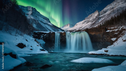 Winter nature scene at the waterfall with snow mountain and aurora light in the style of cinematography, beautiful composition, dynamic movement, shallow depth of field subject in focus © anandart