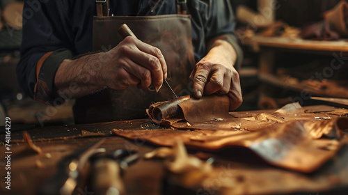 A close-up of a skilled leatherworker crafting a bespoke and intricately detailed leather bag realistic stock photography