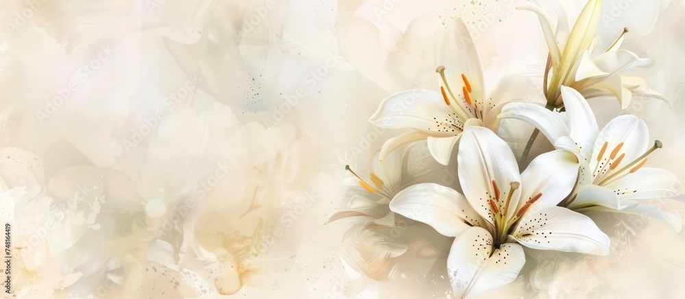Close-up of beautiful white lilies background, symbolizing gentleness, purity, and virtue