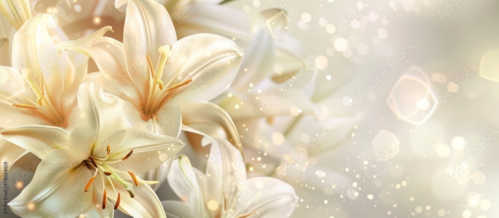 Close-up of beautiful white lilies background, symbolizing gentleness, purity, and virtue Close-up of beautiful white lilies background, symbolizing gentleness, purity, and virtue
