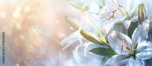 Close-up of beautiful white lilies background  symbolizing gentleness  purity  and virtue