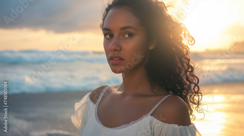 Mulher jovem e bonita com um vestido branco na praia ao pôr do sol