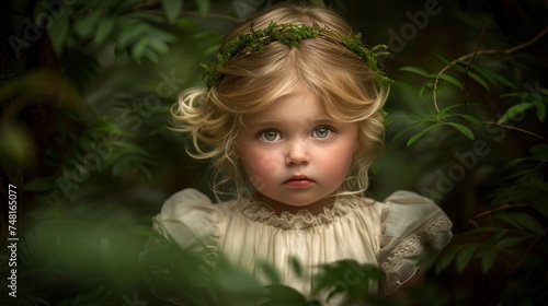 Wallpaper Mural a little girl with a wreath of leaves on her head is looking at the camera with a serious look on her face. Torontodigital.ca