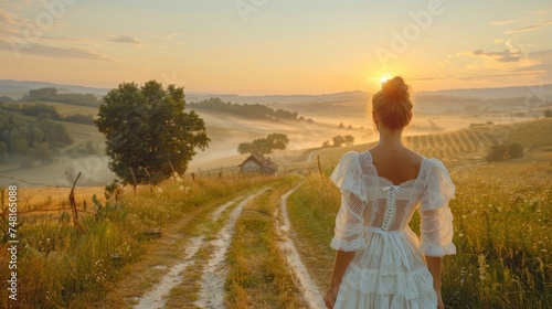 a woman in a white dress standing on a dirt road in the middle of a field with a sunset in the background.