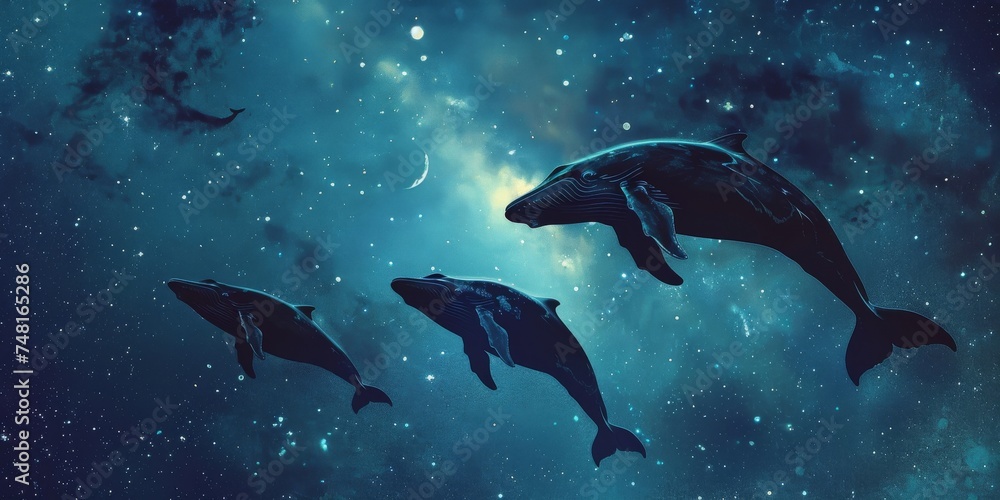 Whales soar through a starry sky their silhouettes majestic against the cosmos the moon guiding their path