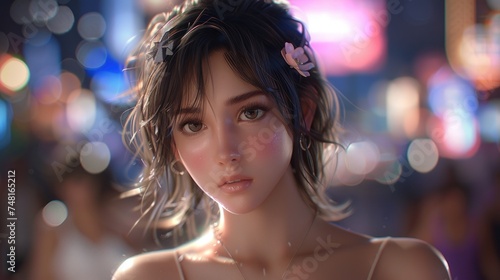 a close up of a person wearing a necklace with a flower in her hair and a blurry cityscape in the background. photo