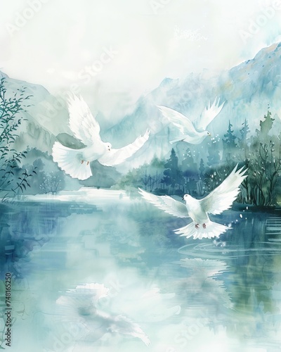 Watercolor depiction of doves over a peaceful Easter morning lake symbolizing serenity and purity of spirit photo