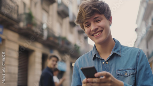 Um jovem bonito está usando seu celular e sorrindo enquanto está ao ar livre photo