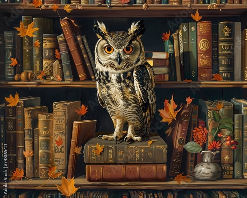 The owl meticulously organizing a library shelf photo