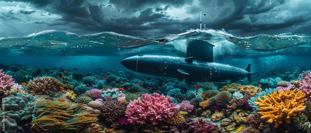 Submarine emerging near a coral reef colorful marine life under a stormy sky with thunder in the distance - obrazy, fototapety, plakaty 