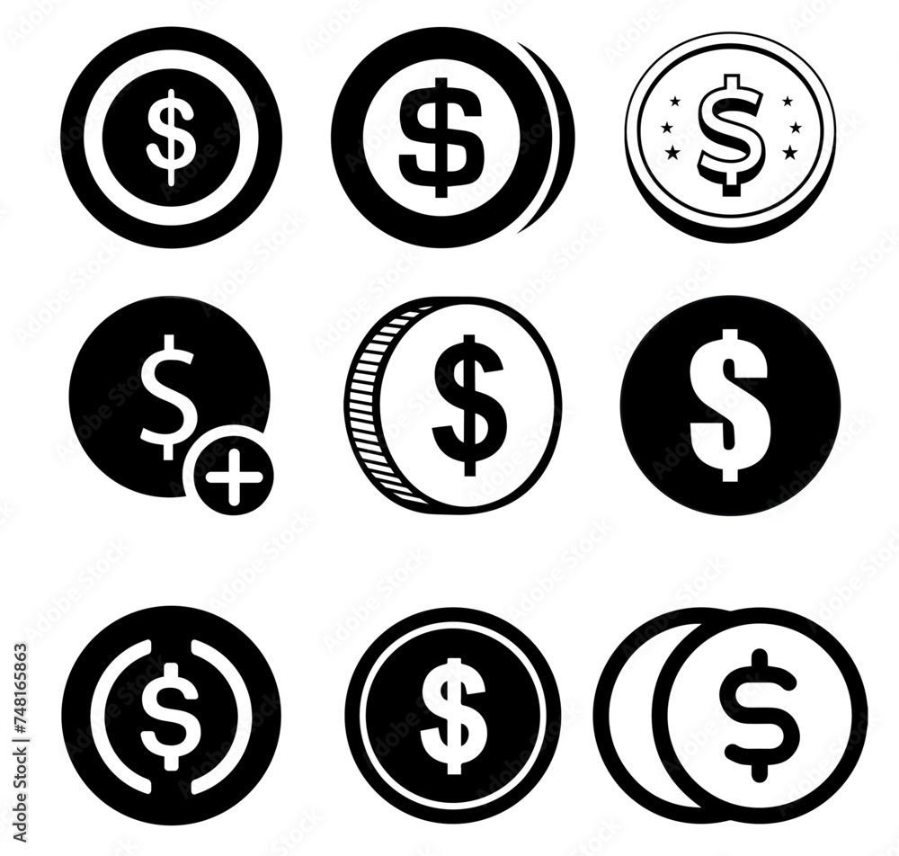 Dollars money investment set vector icons Dollars money investment set vector icons