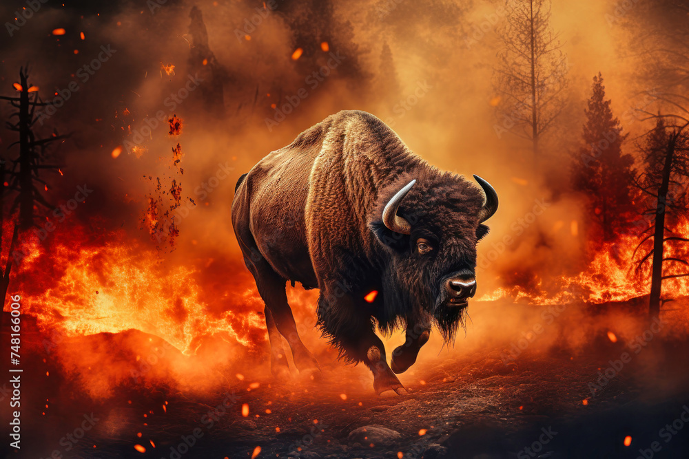A bison stands in front of a raging fire in the woods, appearing determined and alert as it confronts the dangerous situation - obrazy, fototapety, plakaty 