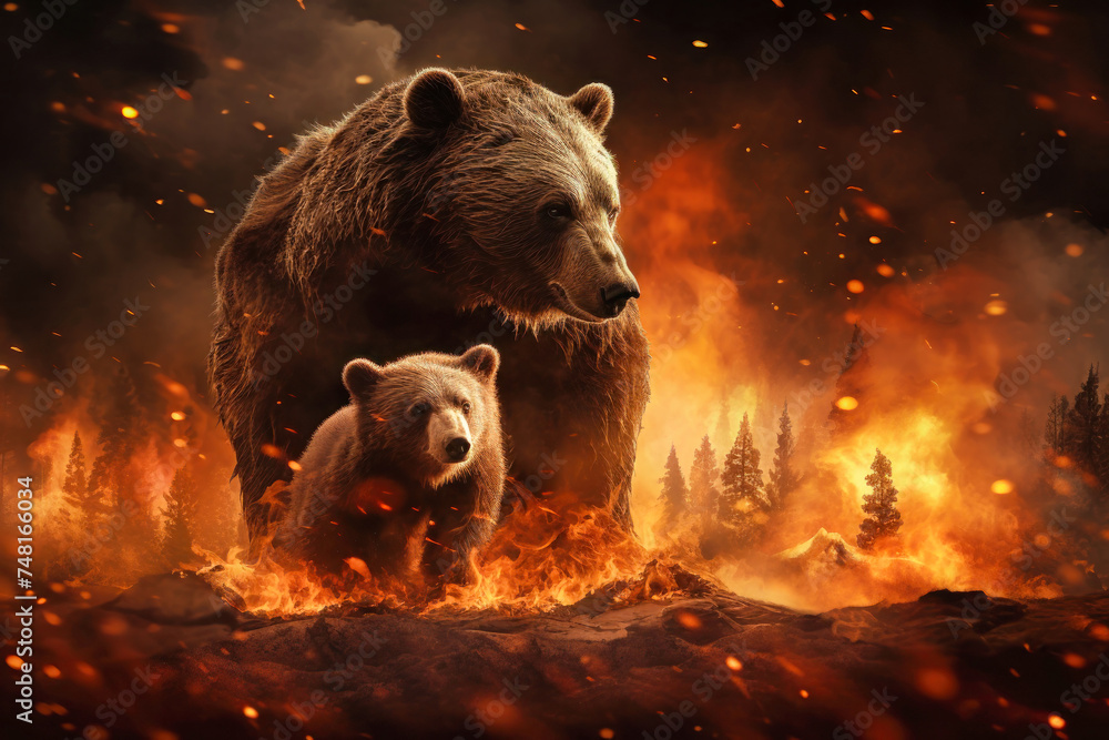 Two bears are standing next to a fire in a forest, symbolizing the danger of forest fires for wildlife - obrazy, fototapety, plakaty 