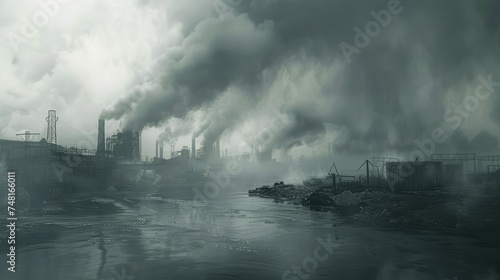 Aerial perspective, the power plant's towering pipes release black smoke into the atmosphere, contributing to pollution. Ecology concept. AI-generated. © Acronym