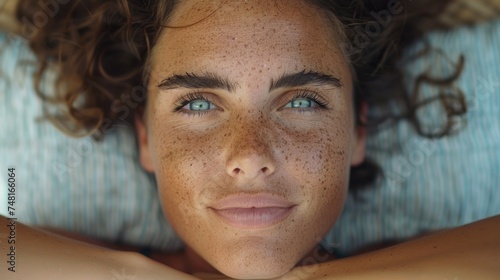 a close up of a person laying in a bed with freckles on their head and freckles on their shoulders. photo