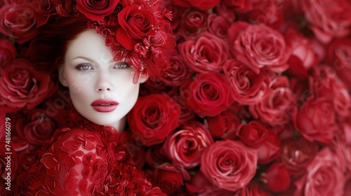 a woman with red roses on her head and a wreath of red roses on her head, in front of a backdrop of red roses.
