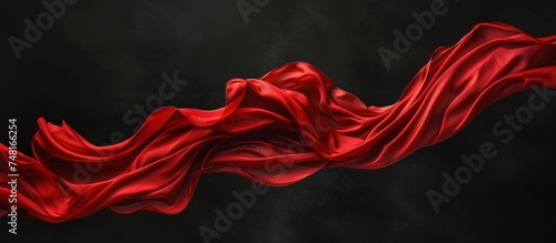 Concept of long flying red silk cloth on black background. AI generated image