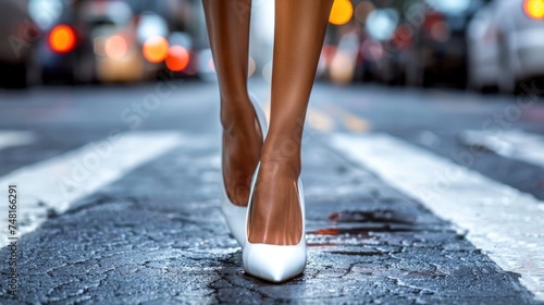 a close up of a woman's legs in high heels on a city street with traffic lights in the background. photo