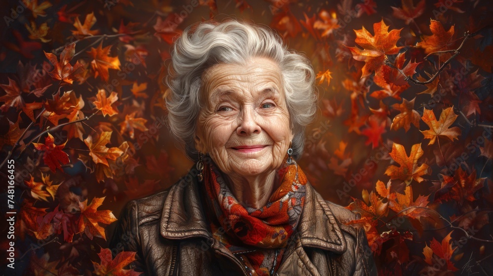 a painting of a woman with white hair and a red scarf around her neck and a brown leather jacket over her shoulders. a painting of a woman with white hair and a red scarf around her neck and a brown leather jacket over her shoulders.