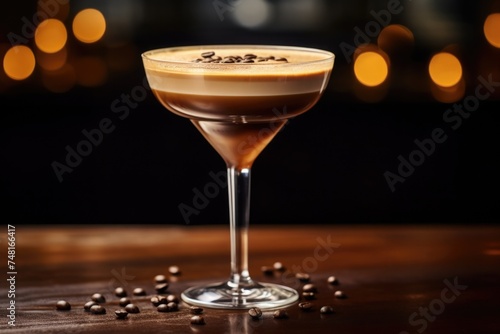 Espresso Martini Cocktail based on coffee, liqueur and vodka. drink for a party in a bar. Space for text