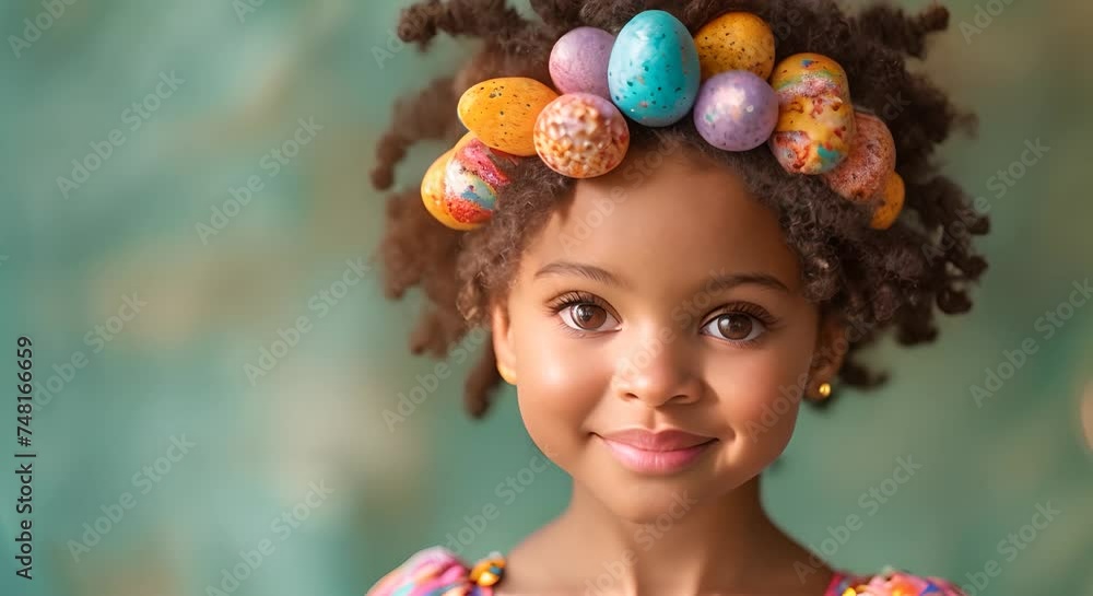 Cute African American little girl with painted Easter eggs decoration in hair on pastel green background. Stylish spring design portrait with eggs and flowers. Happy Easter Holiday Cute African American little girl with painted Easter eggs decoration in hair on pastel green background. Stylish spring design portrait with eggs and flowers. Happy Easter Holiday