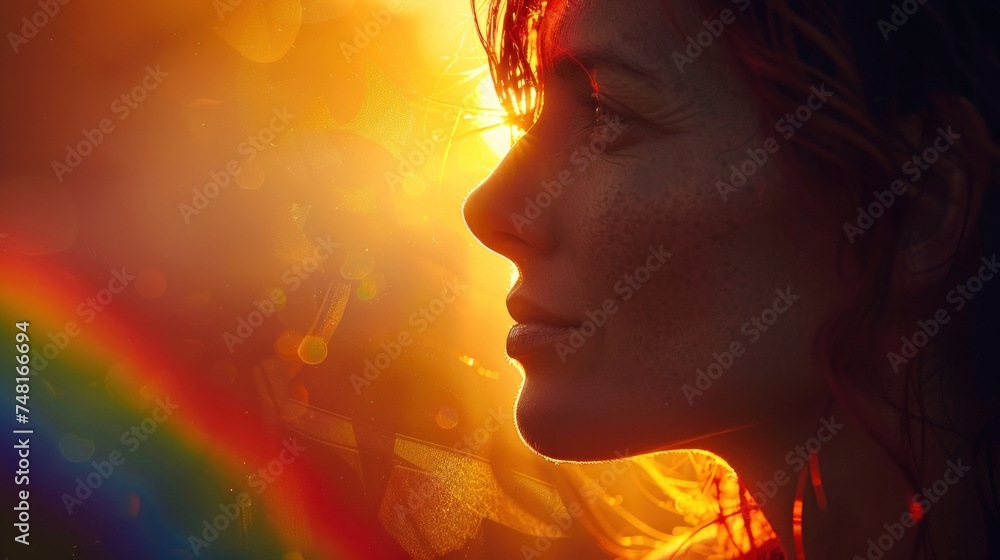 a close up of a person's face with a rainbow in the background and a rainbow in the foreground. a close up of a person's face with a rainbow in the background and a rainbow in the foreground.