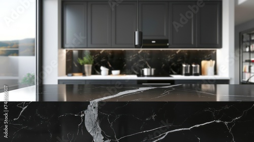 A kitchen room interior background featuring an empty black marble table for product display.
