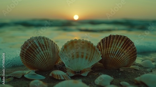 three seashells sitting on a sandy beach with the sun setting in the distance in the distance, with a body of water in the background.