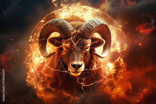 A ram with prominent horns stands defiantly in the center of a blazing circle of fire, symbolizing the zodiac sign Aries