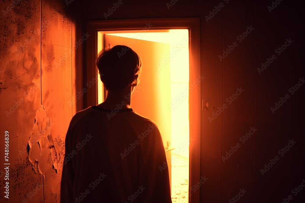 Silhouette of a Person Gazing into a Bright Light from an Open Door - Symbolizing Hope and Future Possibilities