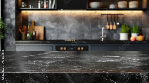 Modern empty black marble table for product display with kitchen room interior background