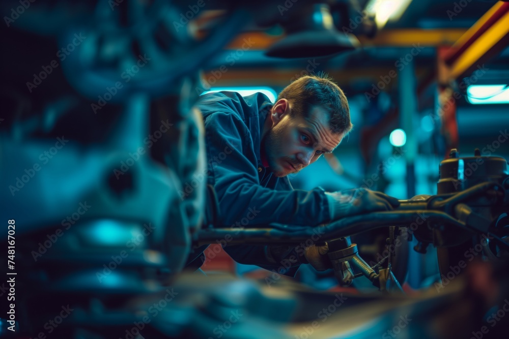 Focused Auto Mechanic Working on Vehicle Suspension in a Dimly Lit Workshop