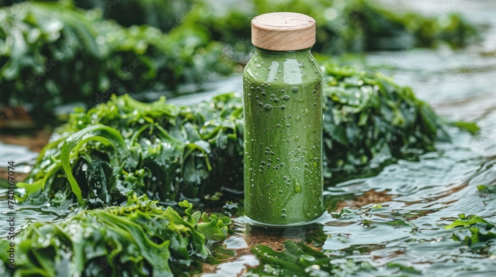 a bottle filled with green liquid sitting on top of a lush green field of leafy green plants on top of a puddle of water. a bottle filled with green liquid sitting on top of a lush green field of leafy green plants on top of a puddle of water.