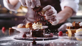 A close-up of a skilled pastry chef creating intricate and delectable chocolate desserts realistic stock photography