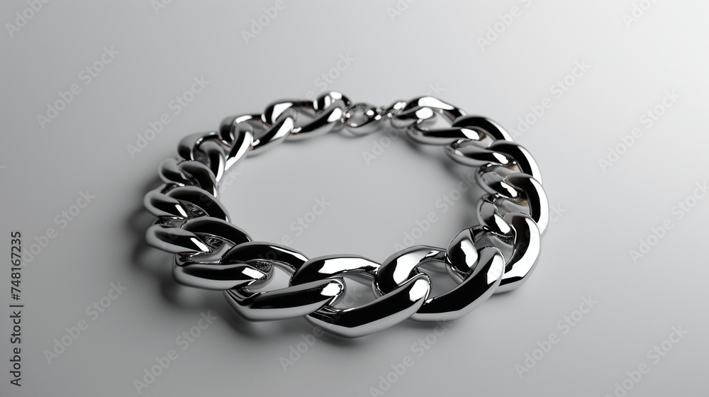 Primer plano de pulsera de plata de forma redonda con eslabones grandes de cadena sobre mesa blanca y fondo blanco. Primer plano de pulsera de plata de forma redonda con eslabones grandes de cadena sobre mesa blanca y fondo blanco.
