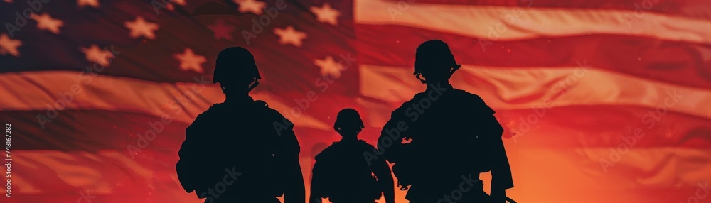 An artistic interpretation of Memorial Day showcasing soldiers silhouettes against a backdrop of the American flag