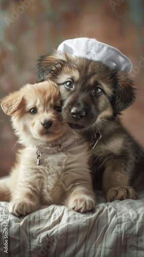 An adorable scene of a kitten nurse taking care of a puppy patient