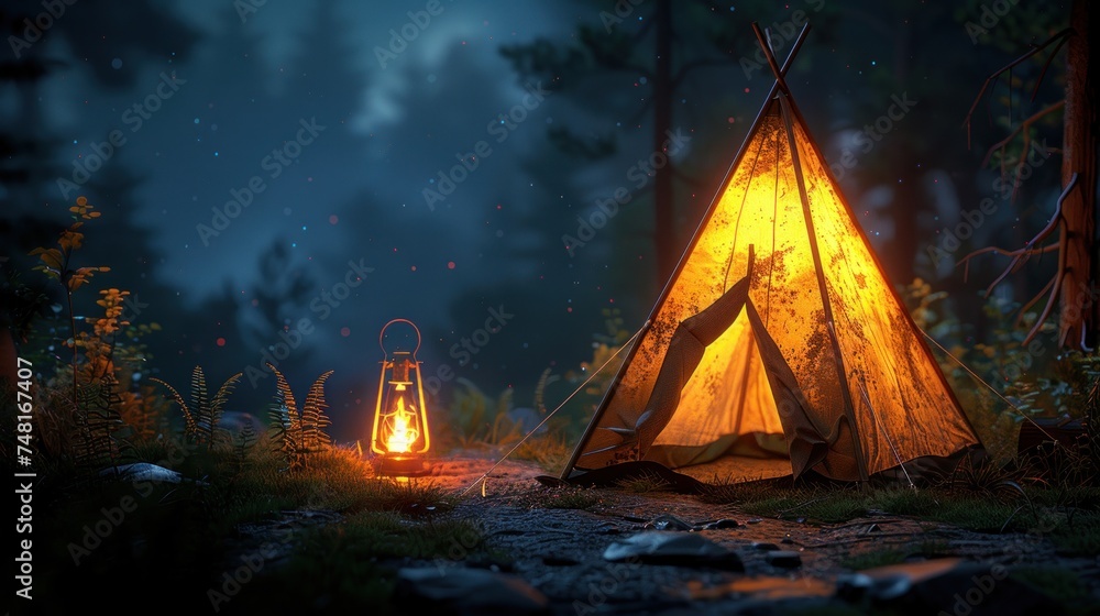 a lit up tent sitting in the middle of a forest at night with a glowing lantern in front of it. a lit up tent sitting in the middle of a forest at night with a glowing lantern in front of it.