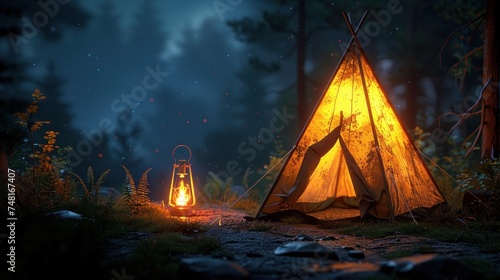 a lit up tent sitting in the middle of a forest at night with a glowing lantern in front of it.