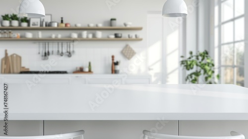 Modern empty white marble table for product display with kitchen room interior background © Matthew