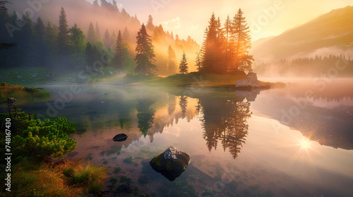 The tranquil ambiance of a misty morning at Lacu Rosu lake in Harghita County, Romania, Europe, where the fog gently blankets the serene landscape during a peaceful summer sunrise photo