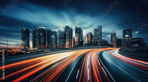 Nighttime City Skyline With Long Exposure, Blurred Lights, Selective Focus